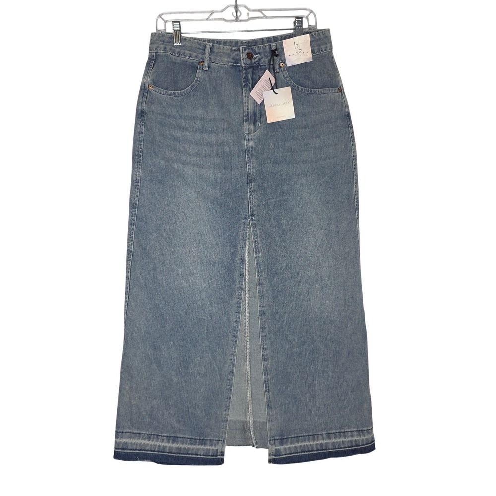 Happily Grey NWT Denim Maxi Skirt Blue High Rise Slit Raw Hem Size 9/28 Artzy